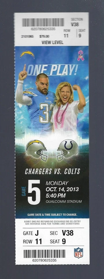 REGGIE WAYNE 1000th RECEPTION - 2013 NFL COLTS @ CHARGERS FULL FOOTBALL TICKET  - Image 1 of 1