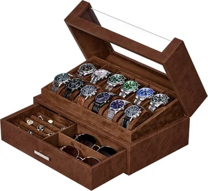 12 Slot Watch Box Organizer Watch Cases for Men Watch Display Case with Clear... - Picture 1 of 9
