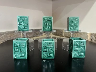 6 Forest Green Toothpick Holder Pottery Mid Century Modern Aztec Design Haeger - Image 1 of 4