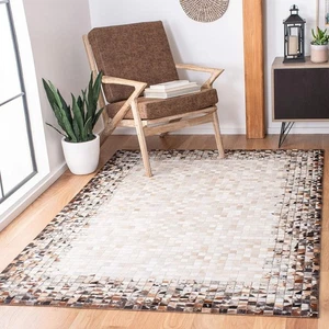 Hand Woven Natural Cowhide Hair on Patch Work Leather Modern Carpet Room A36 - Picture 1 of 9