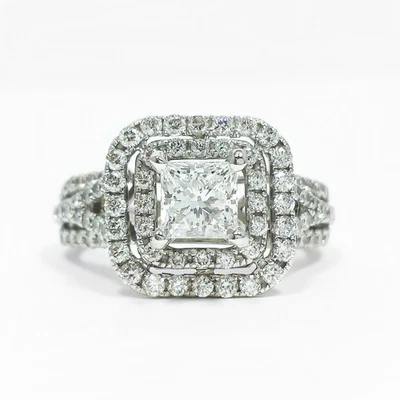 Lab Created Diamond Princess Double Halo Engagement Ring 14k White Gold Size 5.5 - Image 1 of 4