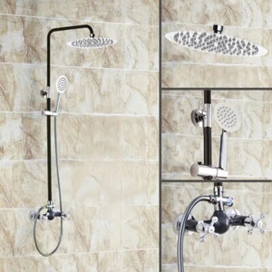 Silver Black Brass Bathroom 8 inch Round Rain Shower Faucet Set Mixer Tap mhg737 - Picture 1 of 8