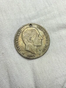 1881 Spanish Philippine ALFONSO XII 20 Centimos De Peso SILVER Coin Holed D148 - Picture 1 of 2