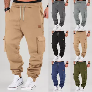 Mens Solid Drawstring Pockets Cargo Winter Casual Bottoms Trousers Sporty Pants - Picture 1 of 21