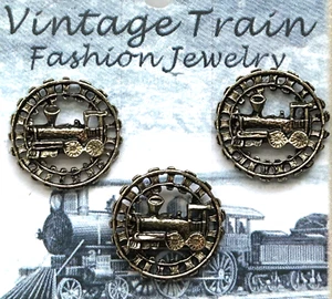 Vintage Train Set of Matching Earrings & Lapel Pin Ant Gold Plate USA by OSC NEW - Picture 1 of 3
