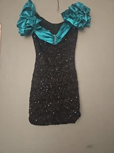 Notorious Little Black Dress Size 7 Teal Sequins And Shoulder Ruffles - Picture 1 of 13