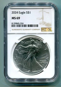 2024 AMERICAN SILVER EAGLE EAGLE LANDING NGC MS69 BROWN LABEL PREMIUM QUALITY PQ - Picture 1 of 2