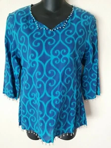 Haute Latitude Women Tunic Top Half Sleeve Blouse S Blue Print Beaded Shirt - Picture 1 of 7