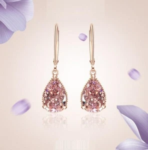 Water Drop Rose Gold Pave Pink Cubic Zirconia Stud Drop Dangle Hoop Earrings - Picture 1 of 3