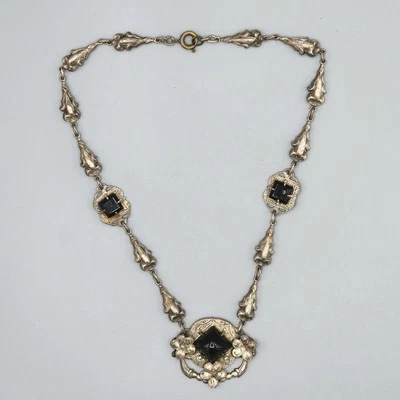 Art Nouveau Black French Jet Glass Cab Silver Plate Lavalier Choker Necklace 16" - Image 1 of 4