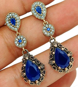 Ottoman Empire Style 8CT Treated Sapphire 925 Sterling Silver Earrings TB1562 - Picture 1 of 3