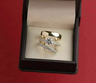 2.3Ct Lab Created Diamond Wedding His & Her Trio Ring Set 14K Yellow Gold Plated - Image 1 of 3