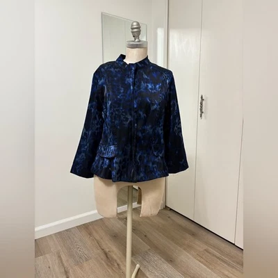 Ruby Rd. Vintage Women's Blue Animal Print Full Zip Ruffle Jacket Size 12 - Image 1 of 4