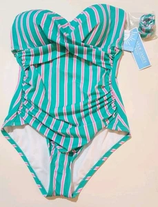 Neu Damen Gr. S Draper James RSVP Einteiler Badeanzug grün/rosa Streifen Raffung - Bild 1 von 8