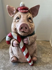 Vintage 2003Telle Stein The Stone Bunny 14" Snow Pig Christmas Statue Candy cane - Picture 1 of 8