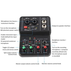 2 Channels Audio Mixer USB 48V Phantom Power Compact Sound Mixing Console For FY - Afbeelding 1 van 24
