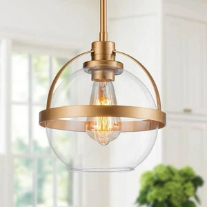 Gold Globe Pendant Light Modern 1-light Kitchen/Dining Lighting w/ Clear Glass - Picture 1 of 7