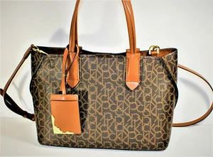 CALVIN KLEIN JACKY BROWN CK SIGNATURE MONOGRAM TOTE HANDBAG #814  - Picture 1 of 9