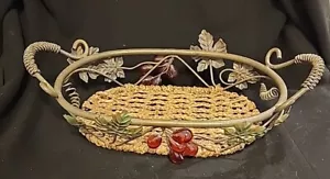 Vtg Metal And Jute Basket Bread Casserole With Red Grapes And Leaves Unique - Picture 1 of 11