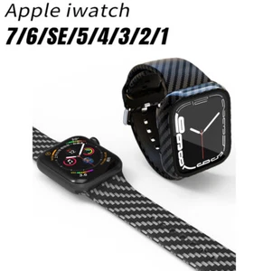 Carbon Fiber Silicone Watch Band+Full Case for Apple Watch Series 9 8 7 6 5 4 3 - Picture 1 of 10