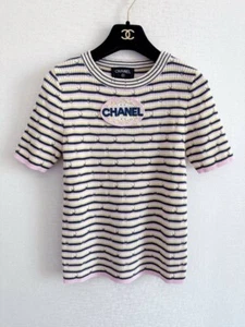 CHANEL Striped Knit Logo T-Shirt Top S Pink Navy White Authentic Cotton Blend Te - Picture 1 of 6