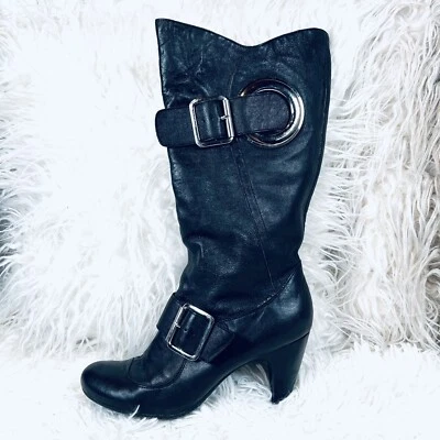 Botas BGBGirls de cuero negras elegantes tacón alto moda hebilla acento talla 5,5 Foto 1 de 4