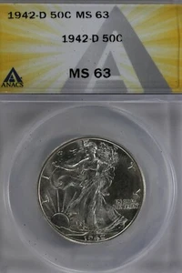 1942-D .50 ANACS MS 63 Walking Liberty, Half Dollar, Lady Liberty Half - Picture 1 of 2