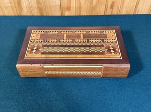 UNIQUE VINTAGE INLAID WOOD CRIBBAGE GAME BUTTON OPEN BOX - Picture 1 of 15
