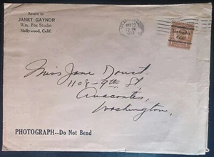 1928 JANET GAYNOR HAND PENNED FAN ENVELOPE WITH 1 1/2 CENT STAMP POSTMARK 05144 - Picture 1 of 8