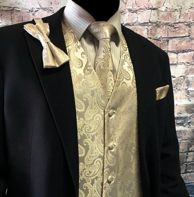 Champagne Ivory Paisley Tuxedo Suit Dress Vest Waistcoat Necktie Bowtie Hanky  - Image 1 of 4