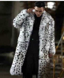 Men's Winter Lapel Leopard Parkas Warm Faux Fox Fur Furry Long Coat Overcoat New - Picture 1 of 15
