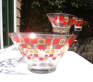 MCM Vintage Anchor Hocking RARO Set 3 Livelli Chip and Dip Bowl Geometrico Oro Rosso 4 Pezzi - Foto 1 di 17