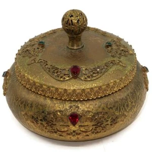 Antique Art Deco Silvercraft Filigree Jeweled Dresser Powder Jar w/ Glass Insert - Picture 1 of 6
