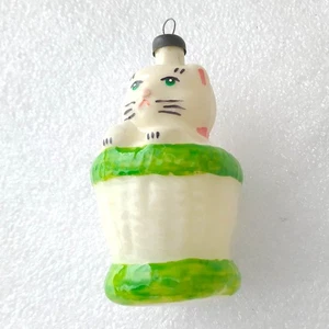 Vintage Glass Christmas Ornament Xmas Tree USSR Antique Decoration Cat in Basket - Picture 1 of 8
