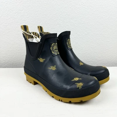 Joules Wellibob Botas de Lluvia Mujer 8 Negro Amarillo Miel Abeja Goma Tobillo Pull On Foto 1 de 4
