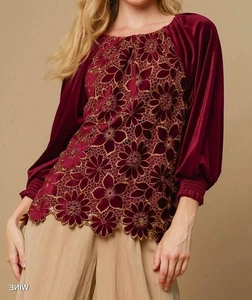 Umgee Velvet Blossom Bluse Burgundy - Bild 1 von 16
