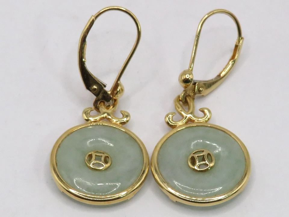 PAR DE PENDIENTES HONG KONG ORO AMARILLO 14k ORO AMARILLO JADEÍTA VERDE ORNAMENTADO JADE PALANCA* Foto 1 de 1