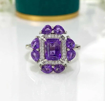 Anel de noivado de ouro ametista anel de noivado de moissanita ouro branco sólido 10k - Imagem 1 de 4