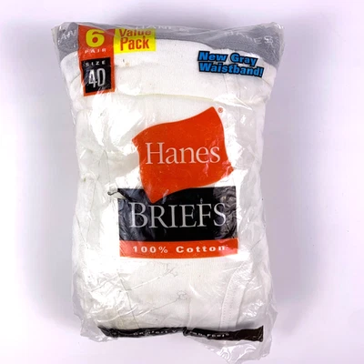 VTG Hanes Briefs 6 pr Value Pack Sz 40 White New Gray Waistband 100% Cotton 2003 - Image 1 of 4