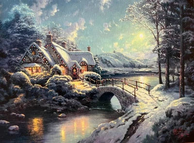 THOMAS KINKADE - CHRISTMAS MOONLIGHT - A/P 12" X 16" HE GICLEE CANVAS w/COA - Image 1 of 3