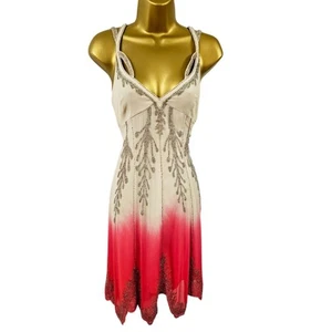 14 UK KAREN MILLEN Vintage Nude Pink Tie Dye Silk Beaded Gatsby Flapper Dress - Picture 1 of 13