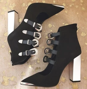 NEW rare ALLYN shoe Uk8 black suede leather straps buckles silver heel eu41 Drag - Picture 1 of 16