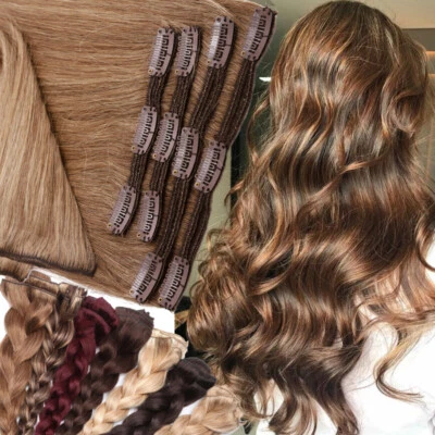 Clip grueso de doble trama en extensiones de cabello humano Remy real cabeza completa marrón AAAAA Foto 1 de 4