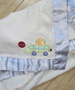 Carters Blue Velour Baby Blanket Bear Car Stop Sign 27 x 34 Satin Boy - Picture 1 of 9