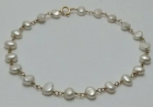8" Estate 14k Yellow Gold Wire White 6mm Cultured Pearl Chain Bracelet - Picture 1 of 12