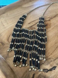 Vintage Goddess Necklace Long Chain Beaded Jewelry Black Gold Solstice Egyptian - Picture 1 of 5