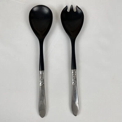 Vintage Salad Serving Utensil Set Plastic & Metal Floral Pattern - Image 1 of 4