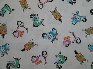 RETRO VESPA SCOOTERS WHITE SCOOTER COTTON FABRIC FQ - Picture 1 of 5