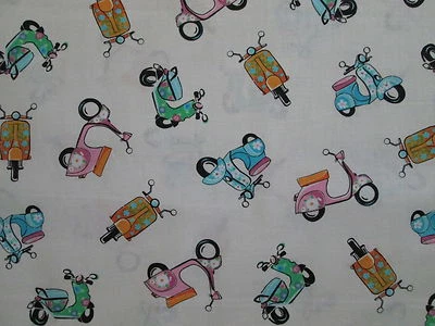 RETRO VESPA SCOOTERS WHITE SCOOTER COTTON FABRIC FQ - Image 1 of 4