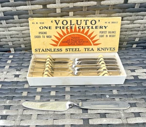 BOXED SET OF 6 ANTIQUE ART DECO GEORGE CLARK VOLUTO ONE PIECE TEA KNIVES CUTLERY - Picture 1 of 11